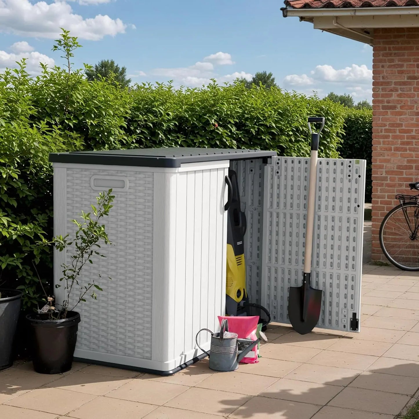 Outdoor Storage Cabinet 26 Cu Ft with Lockable Doors Waterproof Patio Tools Storage Box Horizontal Shed Customized