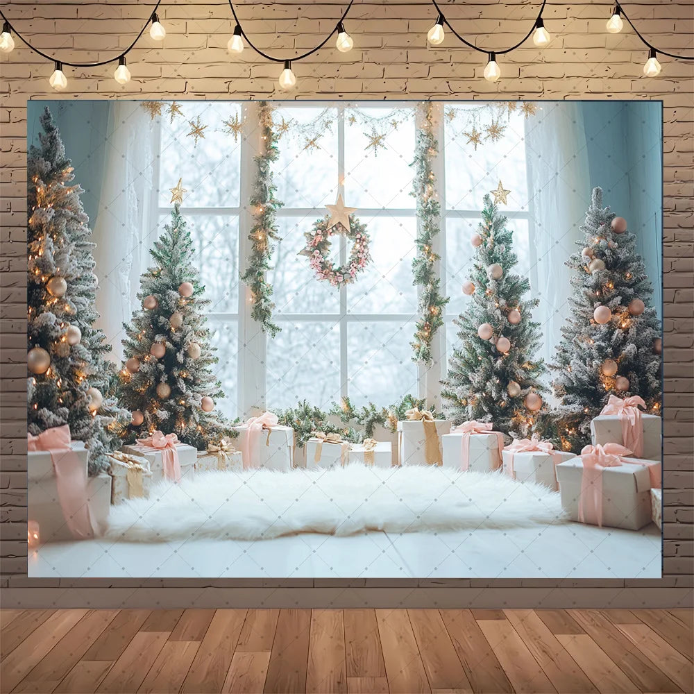 Photography Backdrop Christmas Trees Stars Newborn Birthday Portrait Window Tulle Curtains Gift Decor Photo Background