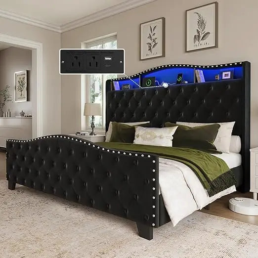 Velvet Wingback Bed Frame with LED Lights, Storage, and Charging Station - No Box Spring Needed,Customized