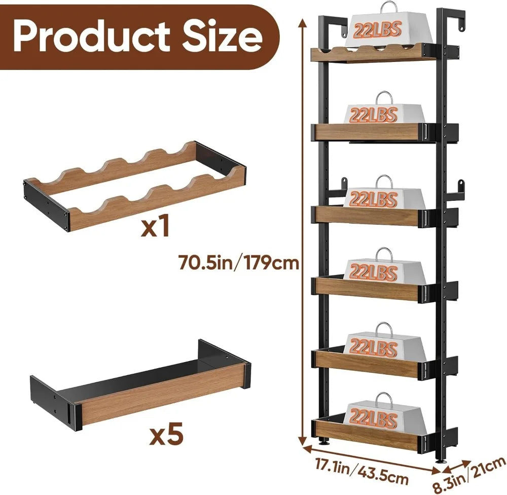 6-Tier Wall Mounted Wine Rack With Metal And Wood Shelves