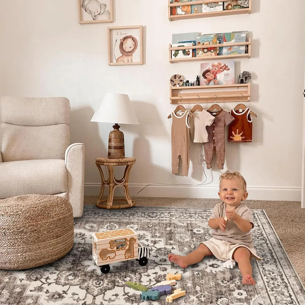 Washable Oriental Area Rug - 9x12 Rugs for Living Room Soft Carpet for Bedroom Waterproof Floral Distressed Indoor (Beige, 9x12)