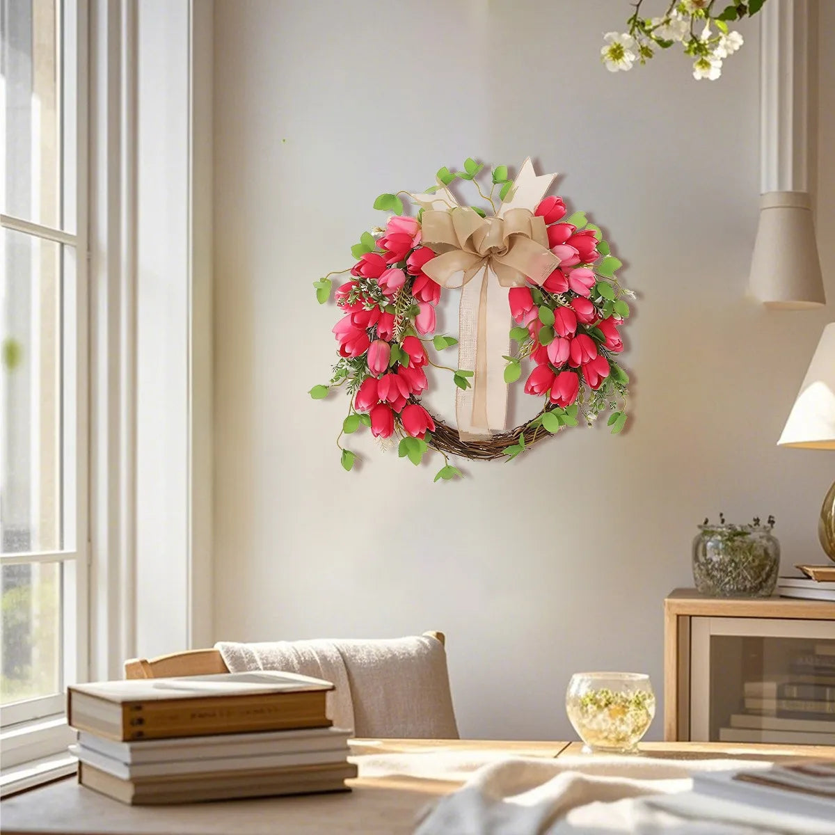Valentine's Day Tulip Wreath for Front Door, 17.7 Inch Valentine Door Wreath Valentine's Wreaths Tulip Wreath with Red