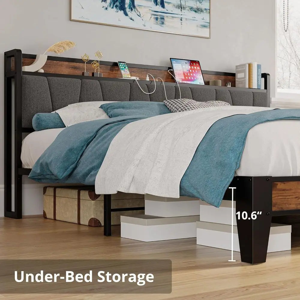 California King Bed Frames, Storage Headboard with Charging Station, Solid and Stable, Noise Free, No Box Spring Needed, Easy As