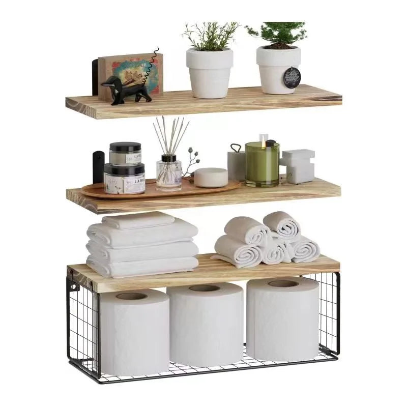 Triple Wood Wall Mounted Bathroom Shelves Storage Solution