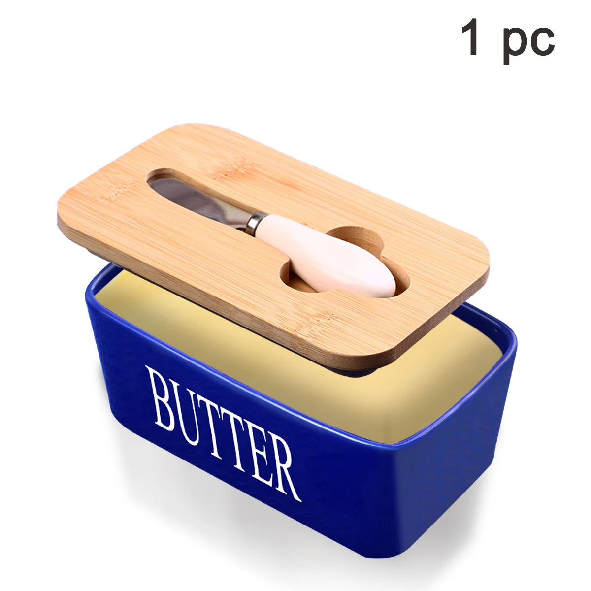 Ceramic Butter Dish With Bamboo Lid Built In Knife And Butter Keeper