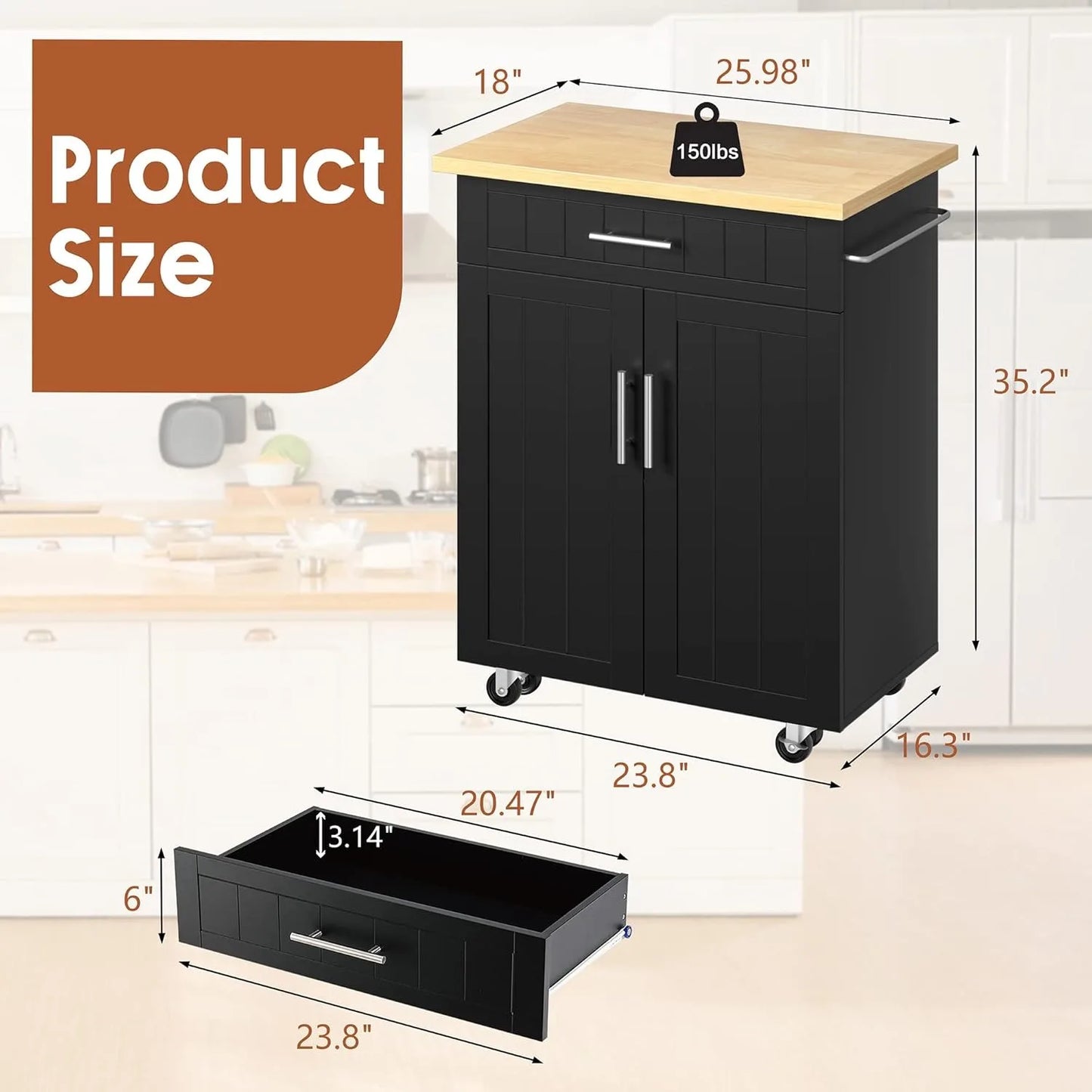Kitchen Island On Wheels With Storage Cabinet And Drawer