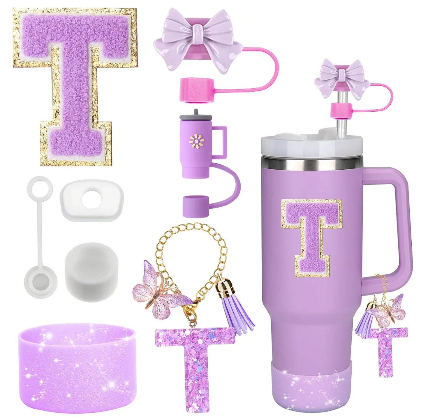 8PCS Accessories Set for Stanley Cup Purple 30oz 40oz tumbler Silicone Straw Topper Cover Cap Boot Handle Charm Initials Sticker