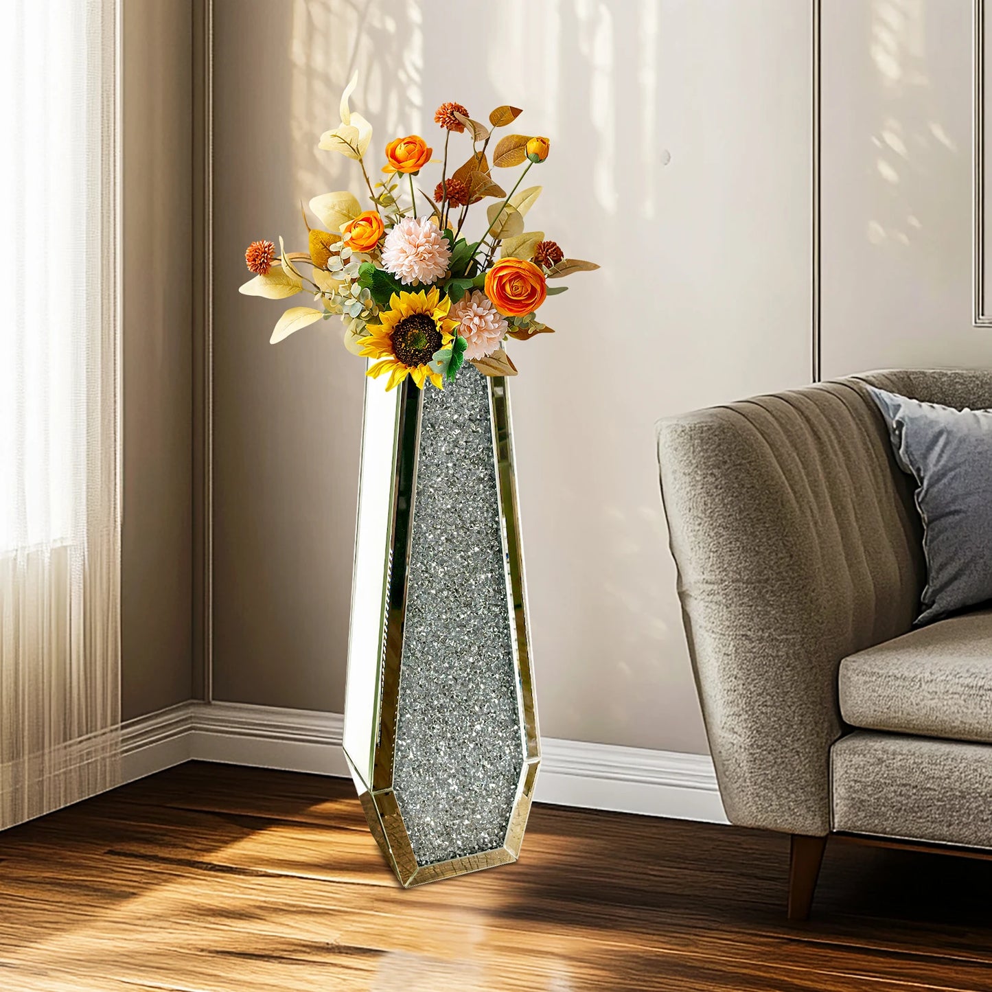 2 Shapes 68CM Crushed Diamond Decorative Mirrored Floor Vase Crystal Silver Glass Flower Vase for Pampas Grass Artificial Flower