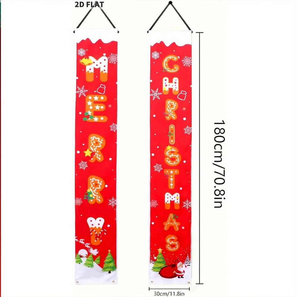 Christmas Decorations Banners with String Lights, Pattern Merry Christmas Party Decor, Bright Red Xmas Hanging Banner for Front