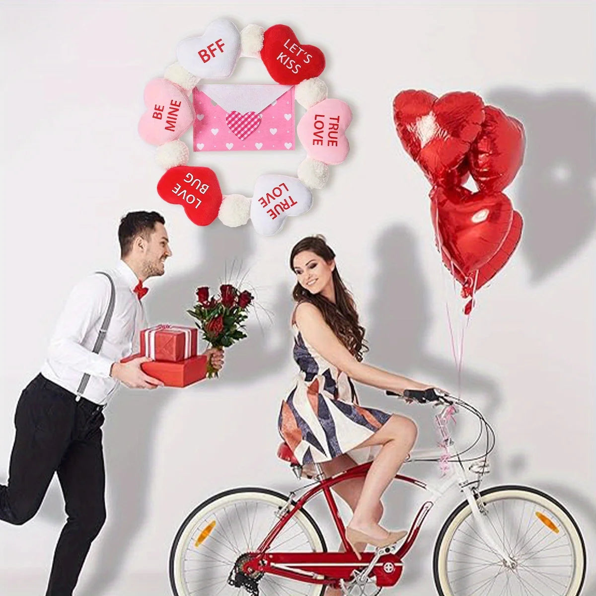 Valentine's Day Wreath with Envelope, 15.7 Inch Valentine Wreath Decorations for Front Door Indoor Outdoor Wall Window,
