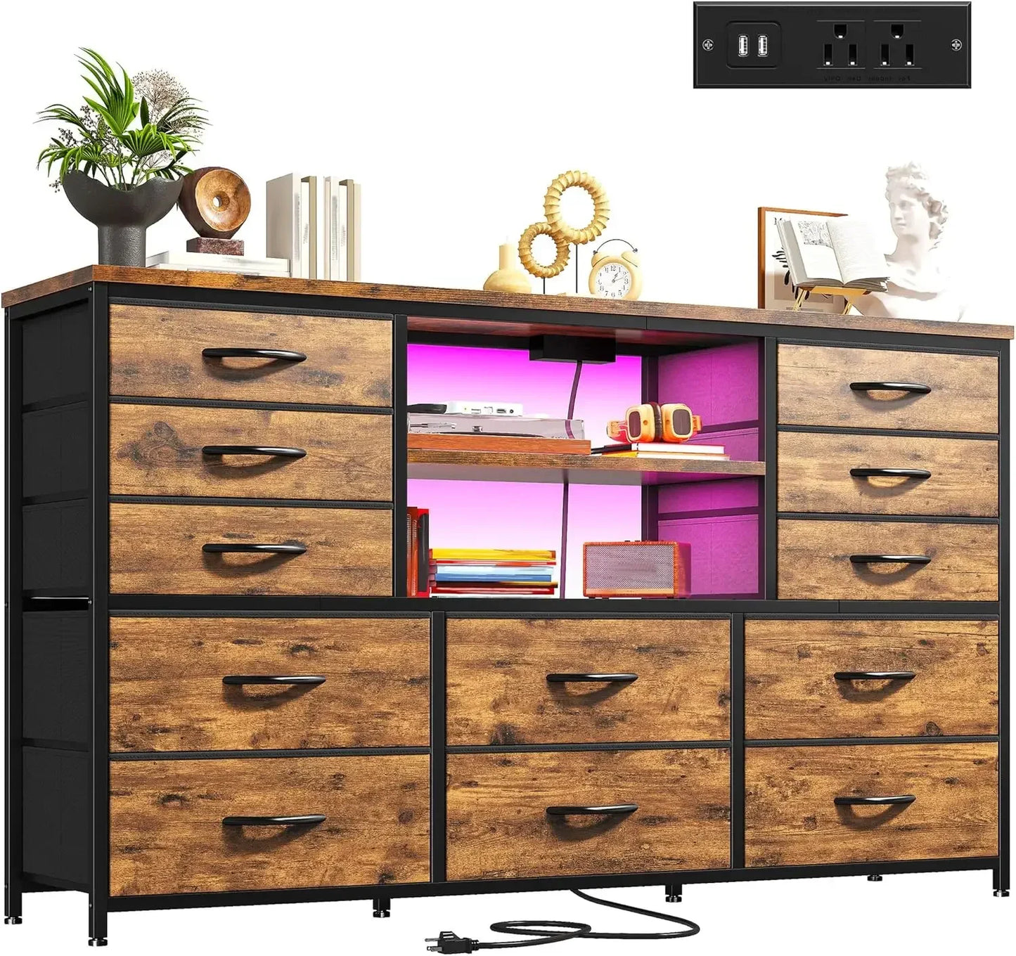 LED Light and Power Outlet Dresser TV Stand With Drawers