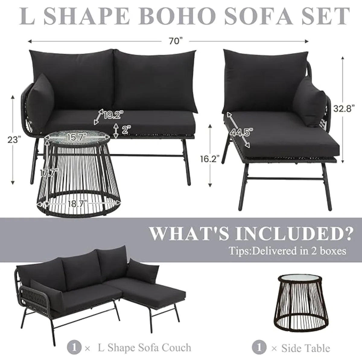 XIUWO Outdoor Patio Furniture Set L-Shaped Rattan Sofa With Table