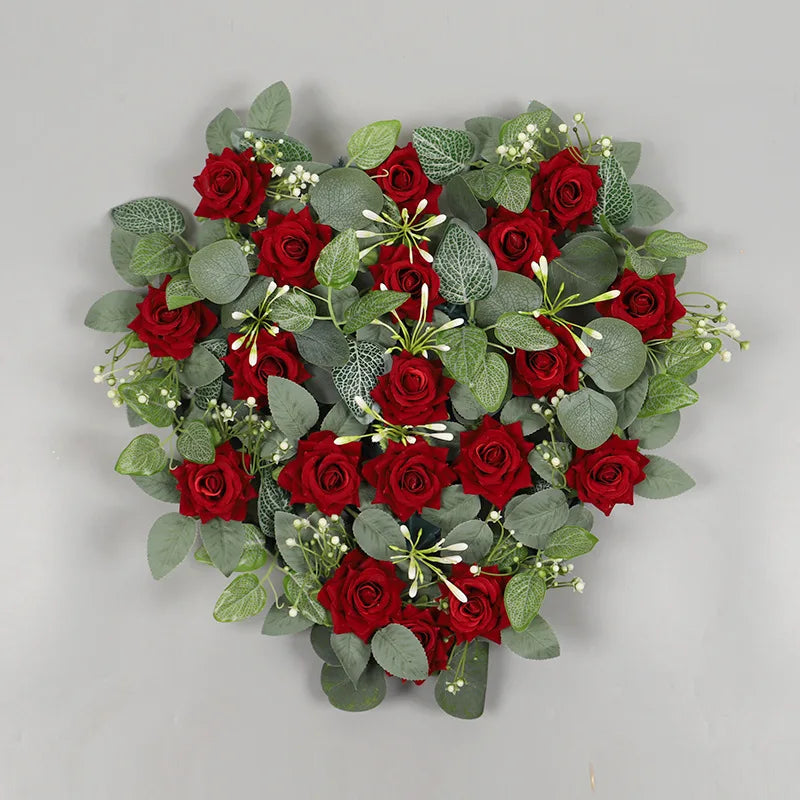 Heart Shaped Red Rose Wreath, Artificial Floral Heart Shaped Garland Valentine's Day Hanging Wreath Wedding Hanging Decoration