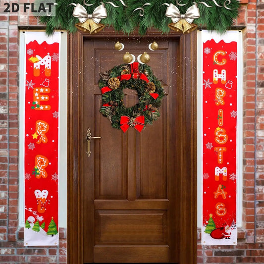 Christmas Decorations Banners with String Lights, Pattern Merry Christmas Party Decor, Bright Red Xmas Hanging Banner for Front