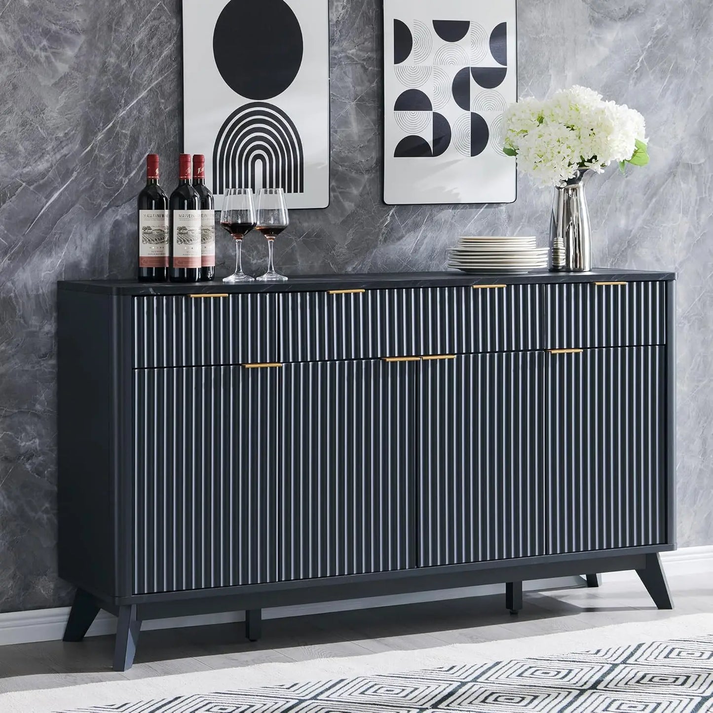 XMSJH Dark Grey Sixty Inch Fluted Buffet Sideboard Storage