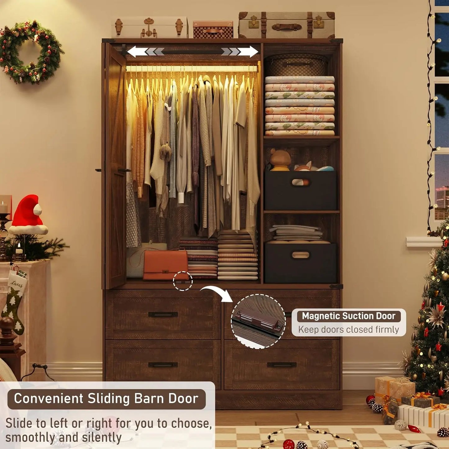 Farmhouse 3-Door Armoire With Sliding Barn Door LED Lighting Drawers