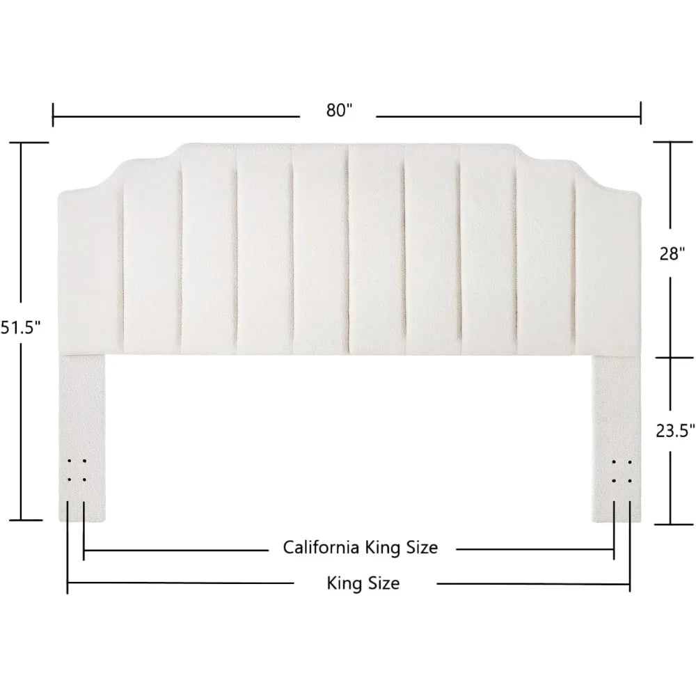 White Teddy Fabric Tufted King Upholstered Headboard, Modern Vertical Channel Design California King Headboard with Stepped Sil