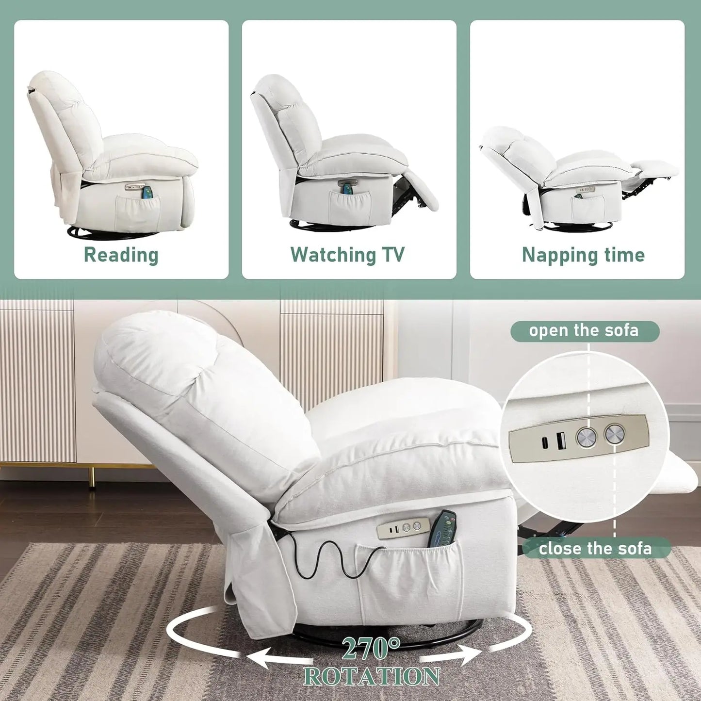 Power Recliner Chair, Swivel Rocker Recliner with Massage and Heat, Electric Recliner Chairs for Adults with, Customized