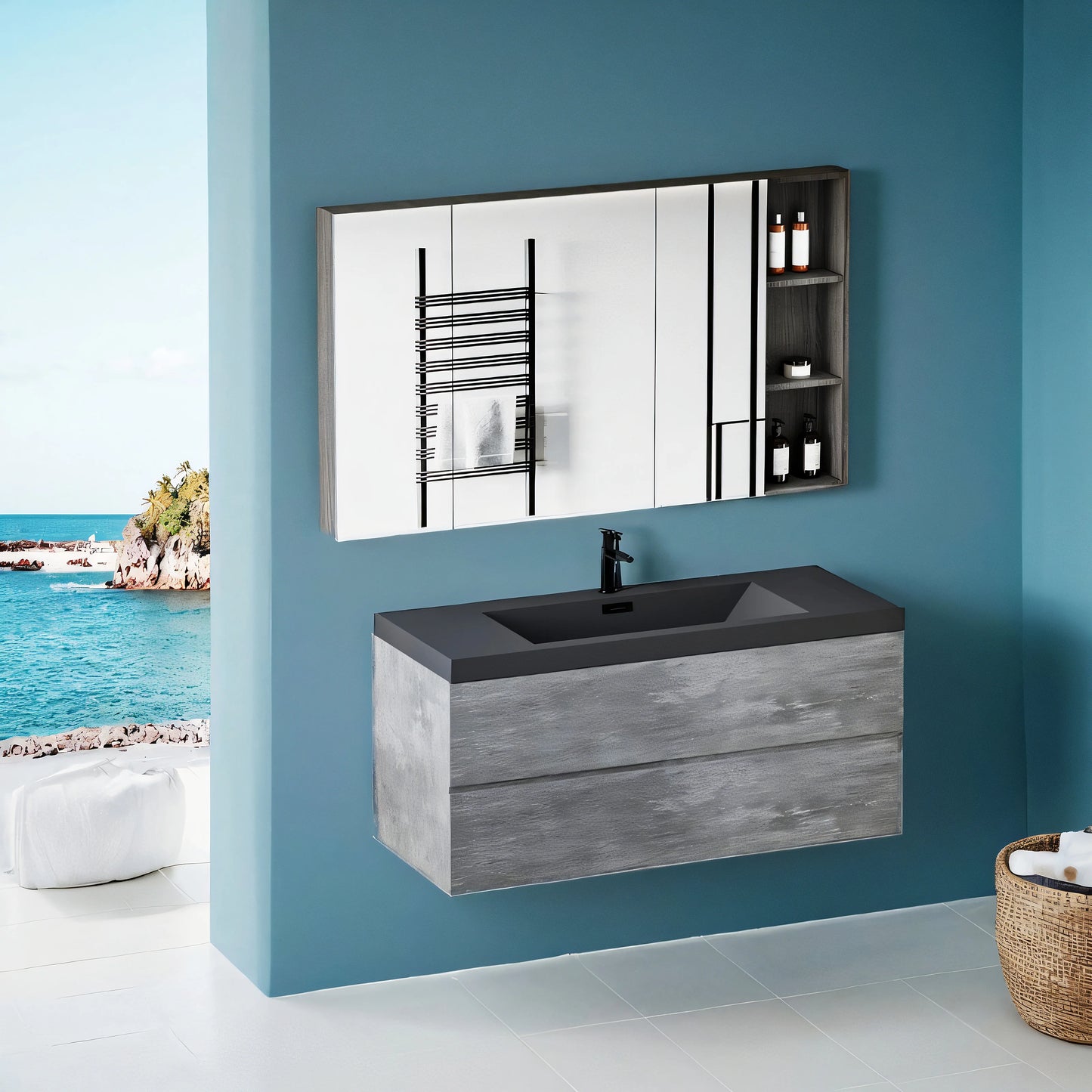 48 Inch Floating Vanity With Sink Black Quartz Top Storage