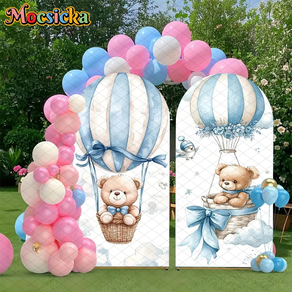 Mocsicka Bear Arch Backdrop Cover Baby Shower Birthday Party Arched Background Props Hot Air Balloon Pattern Art Decor Photocall