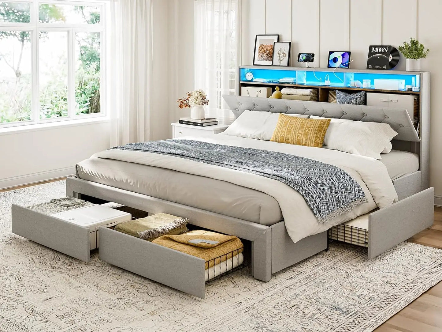 California King Bed Frames with 4 Drawers, Hidden Storage Headboard with LED Lights and Charging Station, Upholstered Cal King P