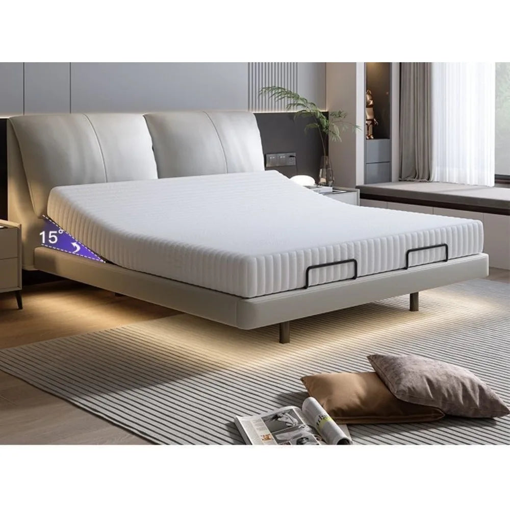Smart Electric Bed with Floating Design Modern Luxury Genuine Leather Bed Frame Adjustable Lift King Size Bed for Master Bedroom