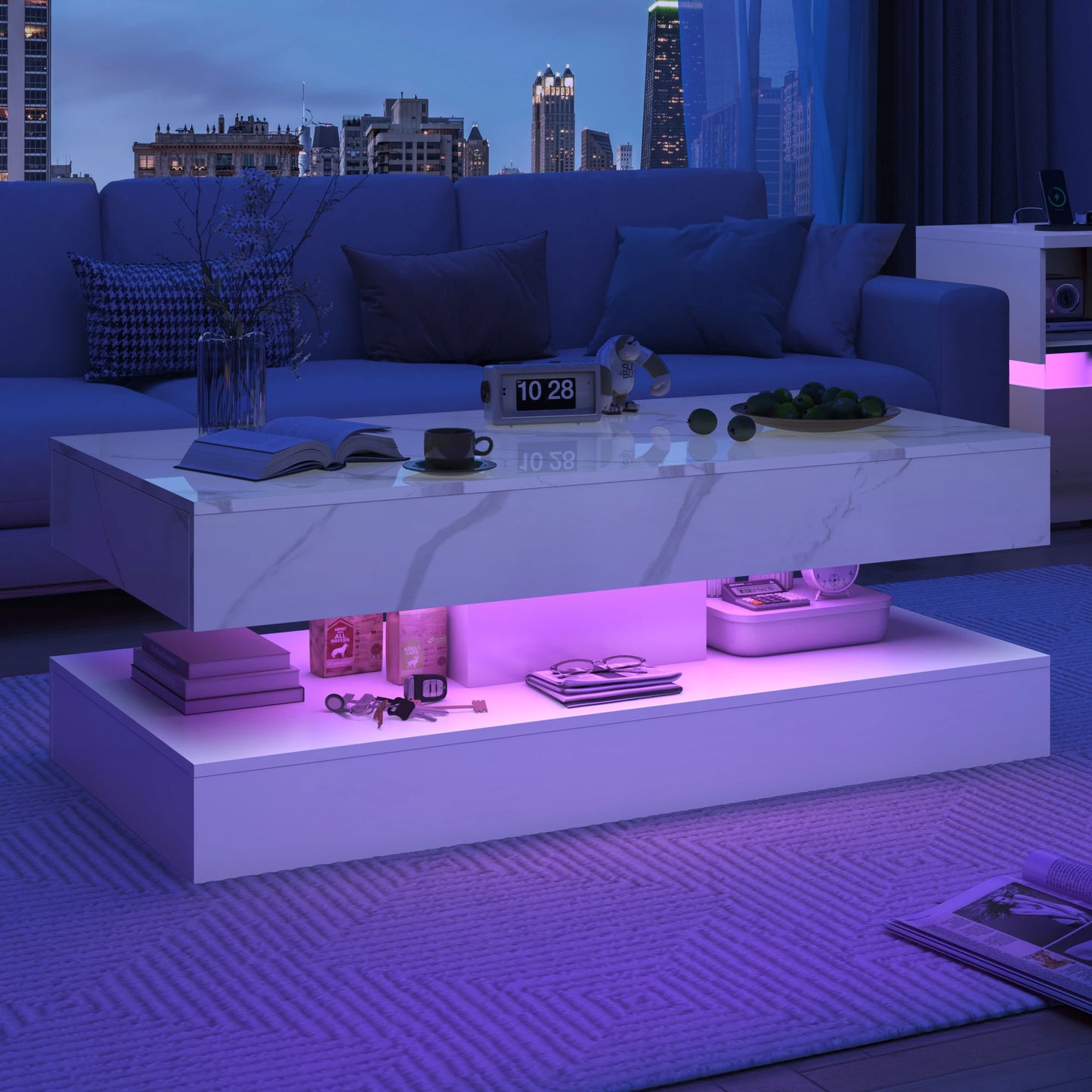 Modern LED Coffee Table With Dual Layer And 2 Drawers