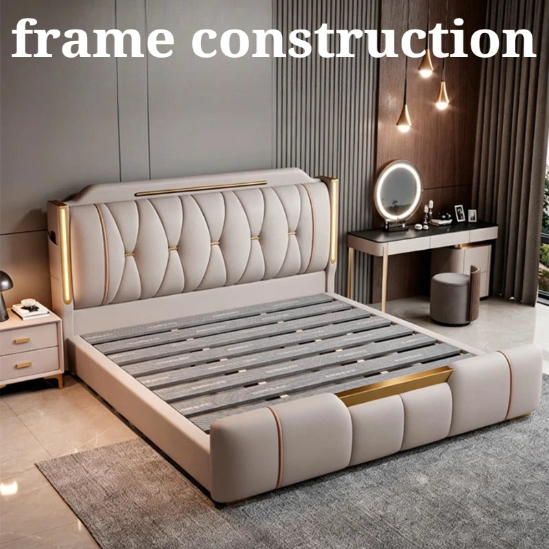 200x220cm Headboard King Bed 2 People Queen Size Storage Frame Master Bedroom Furniture Modern Luxury Double Bed Nappa Leather