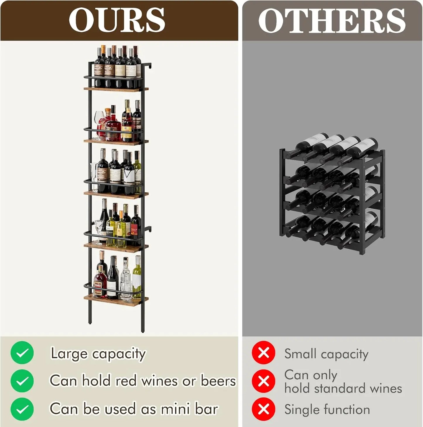 5-Tier Wall Mounted Wine Rack with Fences, Freestanding Floor Holder for 50 Bottles, Brown Cabinet for Home Kitchen Dining Room