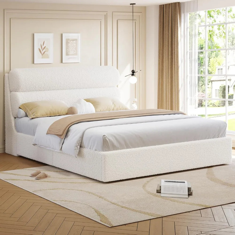 California King Boucle Bed Frame with Headboard, Upholstered Platform Bed, No Box Spring Required, Easy Assembly