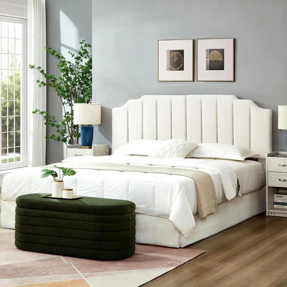 White Teddy Fabric Tufted King Upholstered Headboard, Modern Vertical Channel Design California King Headboard with Stepped Sil