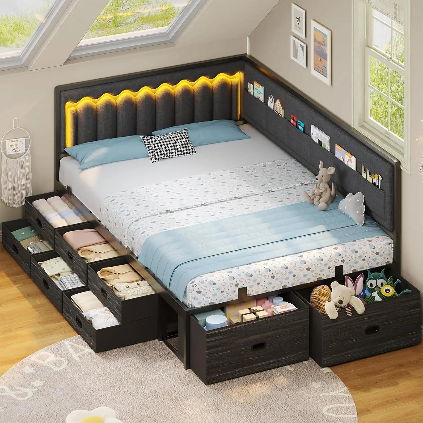 Full Corner Bed Frame with 8 Drawers, 6 Storage Pockets, Full Daybed with Storage and RGB Wave Lights, Platform Bed with L-Shape