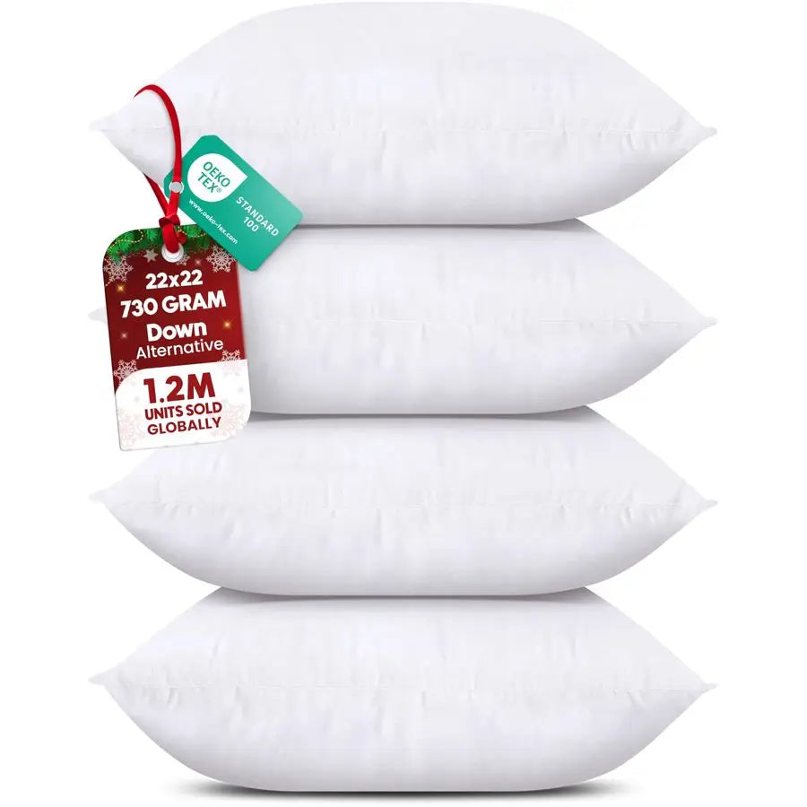 Throw Pillows Set of 4, White u2013 22 x 22 Inches Down Alternative Pillows for Bed, Sofa, and Couch Fluffy Decorative Stuffer