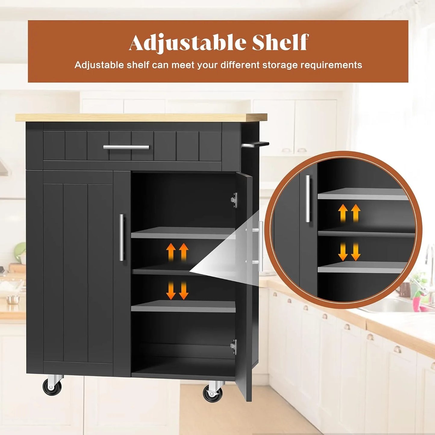 Kitchen Island On Wheels With Storage Cabinet And Drawer