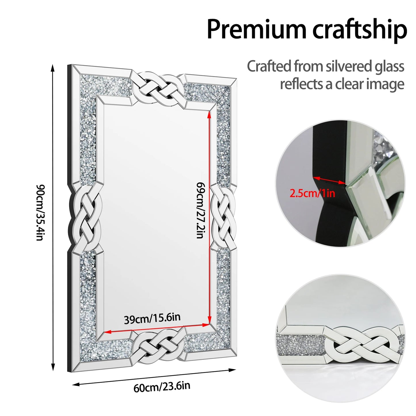 Crystal Crush Diamond Mirror Wall Hang Silver 90 100 120 cm