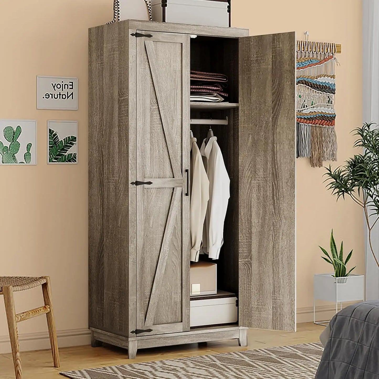 70" Tall Wardrobe Closet with Doors and Shelves, Hanging Clothes Storage Cabinet with Rods, Large Bedroom Armoire, Customized