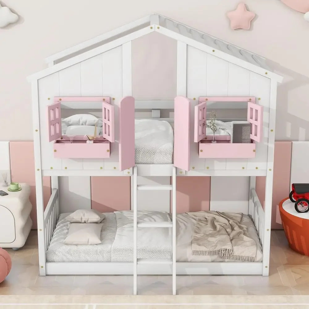 Twin-Size Loft Bunk Bed with Room, Storage, and Window for Kids, Pink and White