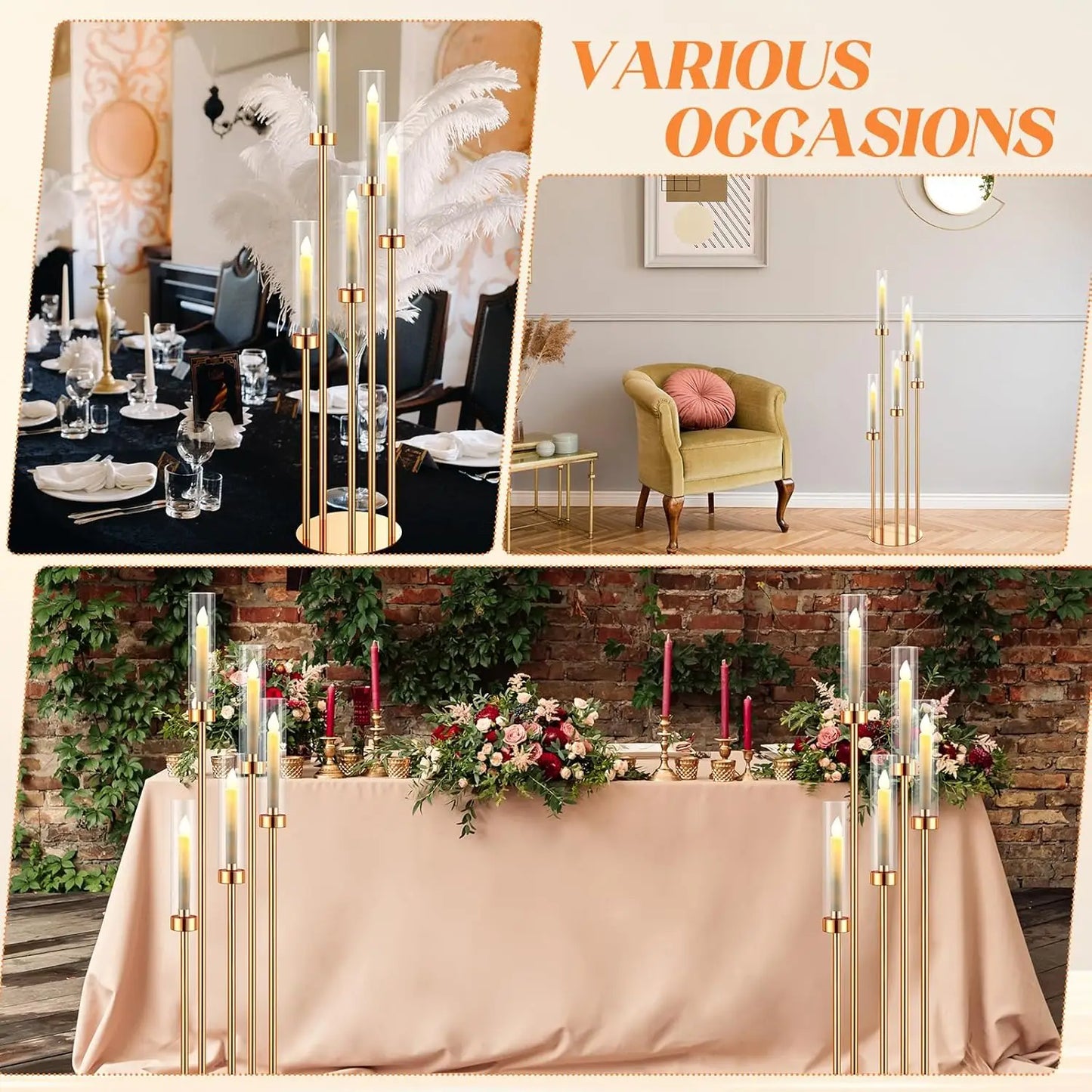 4 Set Floor Candelabra for Wedding 5 Arm 42.5'' Candelabra Centerpieces for Tables Metal Candlestick Set with Acrylic Lampshade
