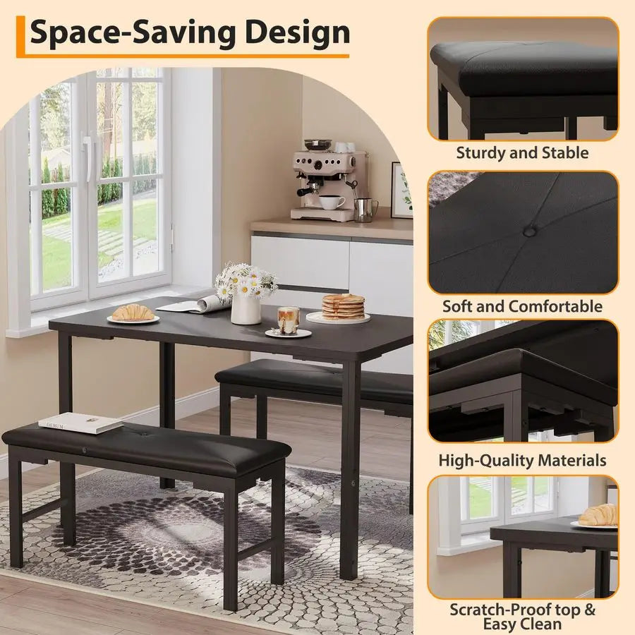 XMSJ Dining Table Set For 4 With 2 Upholstered Benches