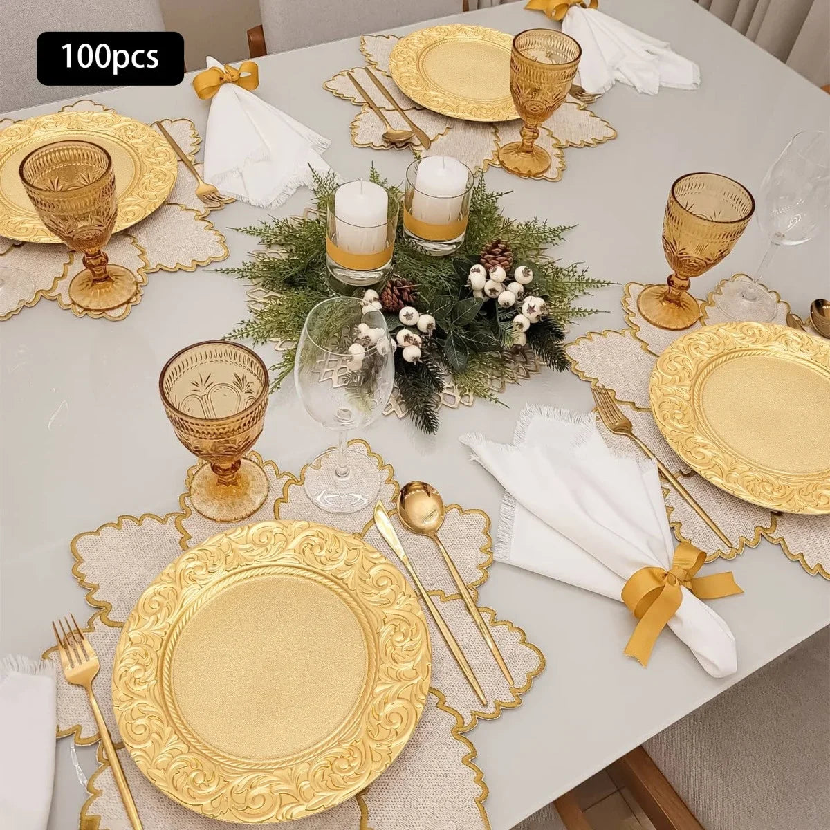 100 Pieces PP Round Charger Plates Set - RReusable Serving Plates Wedding Decorative Chargers Patterned Snack Trays Embosse