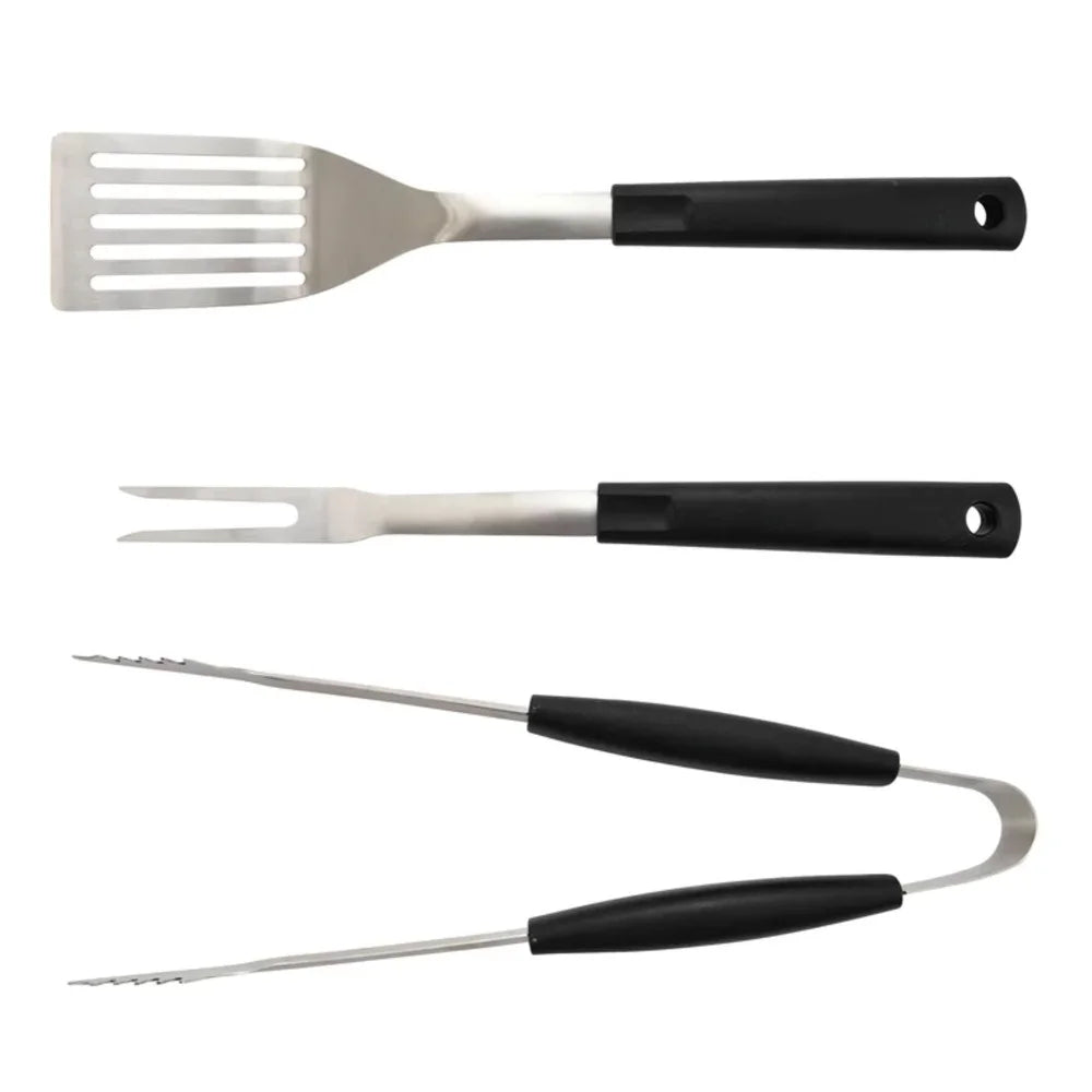 3 Piece Stainless Steel Barbecue Tool Set Fork Tongs Spatula Grilling Utensils Durable Plastic Handle BBQ Cooking
