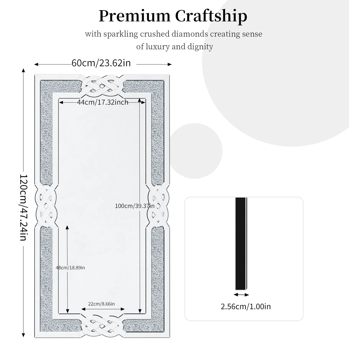 Crystal Crush Diamond Mirror Wall Hang Silver 90 100 120 cm