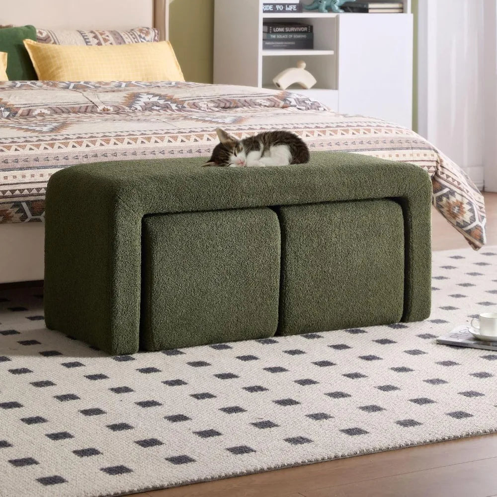 Three Piece Nesting Ottoman Bench Set Sherpa Upholstered