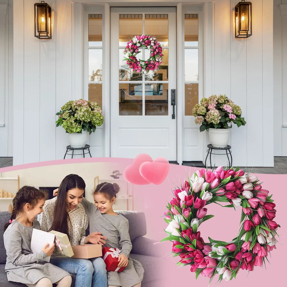 15.7inch Tulip Wreath for Front Door Spring Wreath Artificial Flower Wreath with Tulips for Wall Window Party Wedding Decor