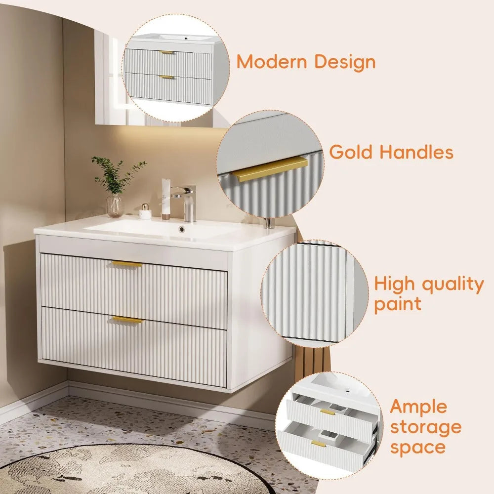 Thirty Inch Floating Vanity With Ceramic Sink 2 Drawers