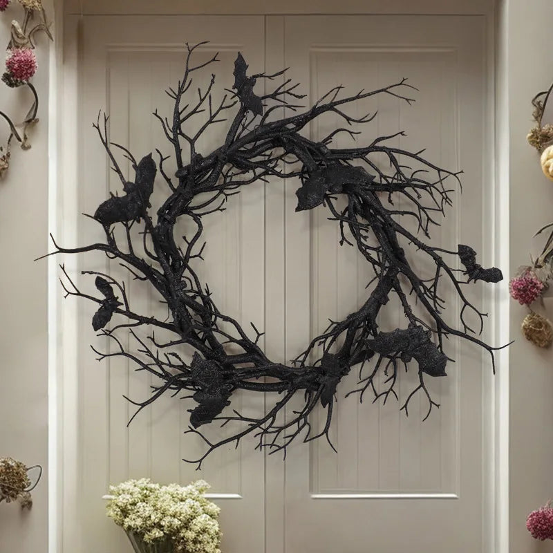 Halloween Wreath For Front Door Artificial Wreath Bat Black Branch Wreaths With LED Light Window Home Decor Halloween Decoration