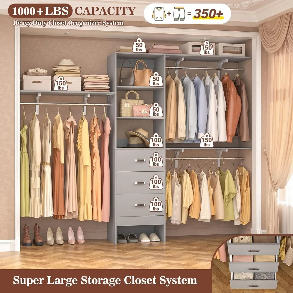 96 Inch Closet System With 3 Hanging Rods And Drawers