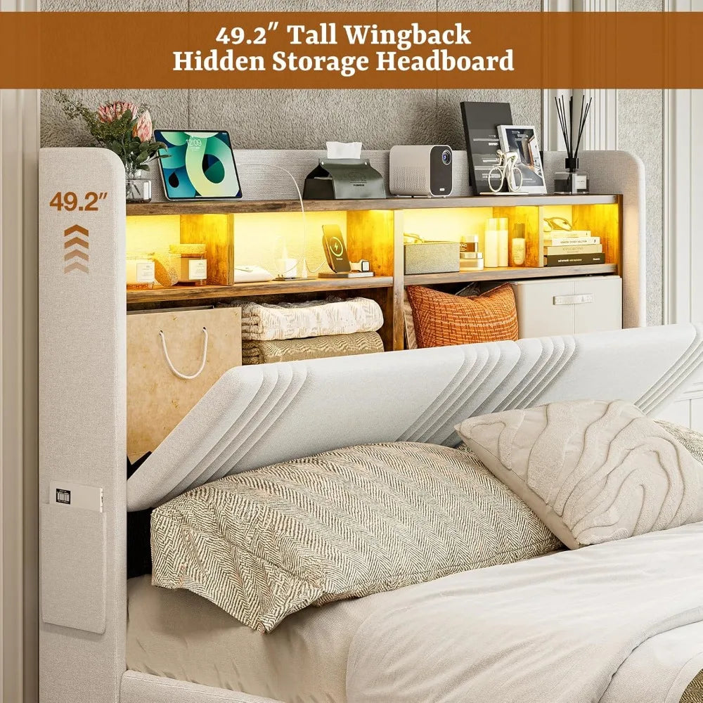 49.2” Tall California King Bed Frames with 4 Storage Drawers, Upholstered Wingback Hidden Storage Headboard
