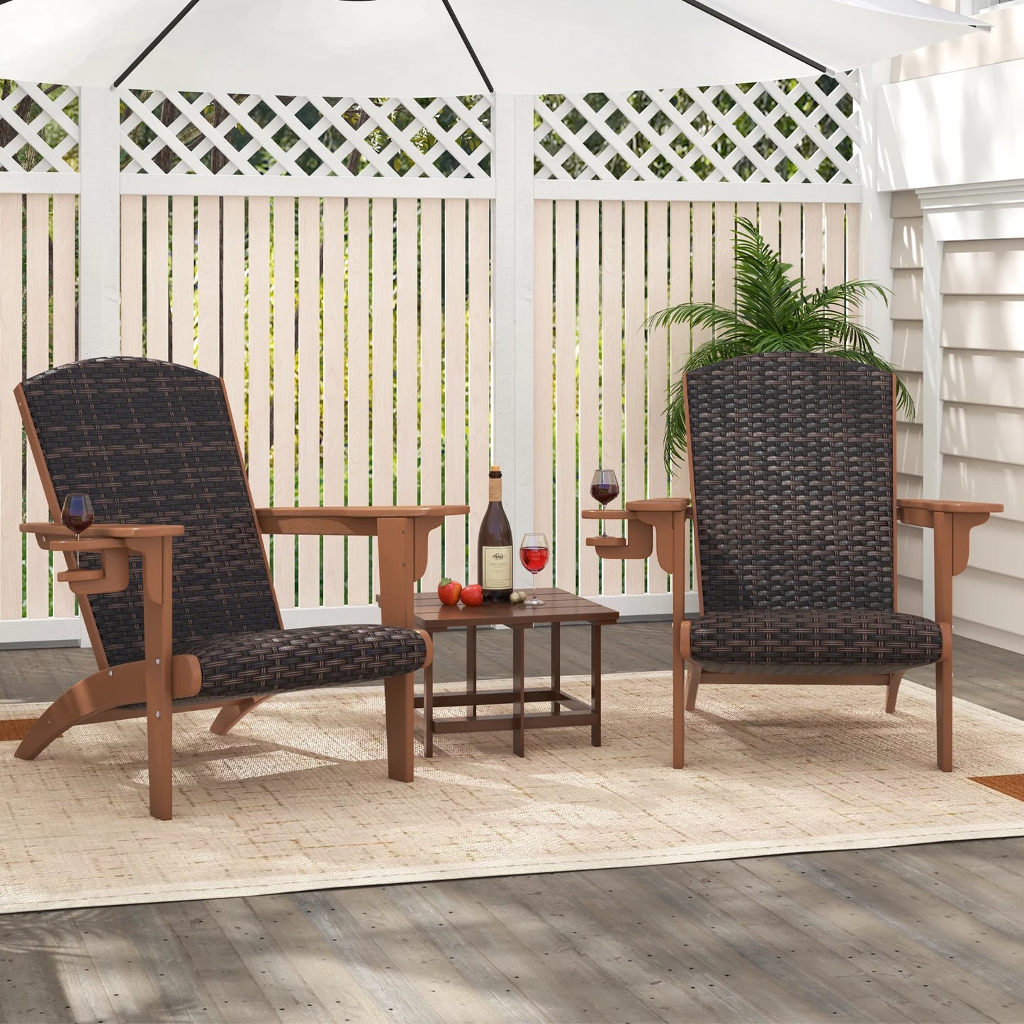 Patio Adirondack Chair w/ Rattan Padded Seat Wide Armrests & Hidden Cupholder