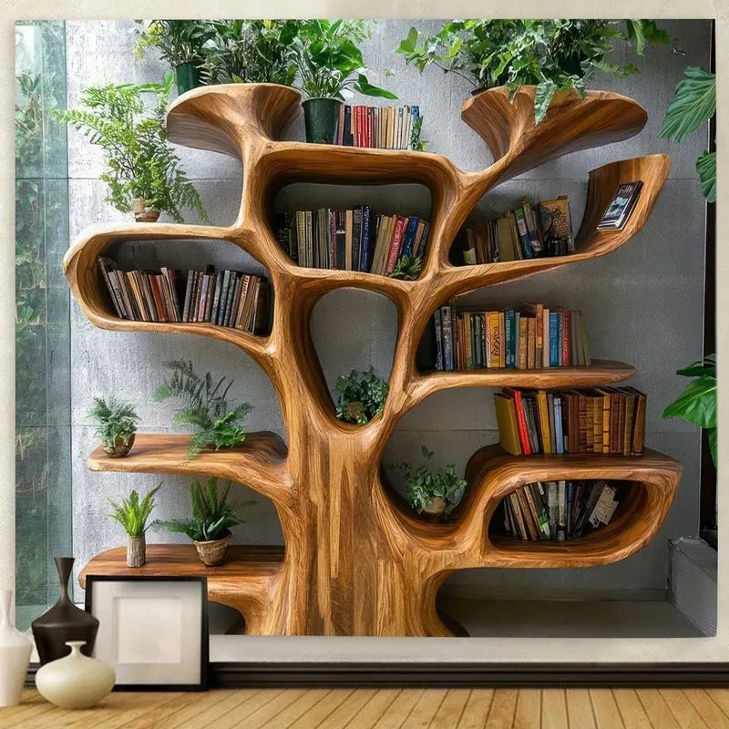 Tree Bookshelf Tapestry Natural Art Green Plants Forest Decor